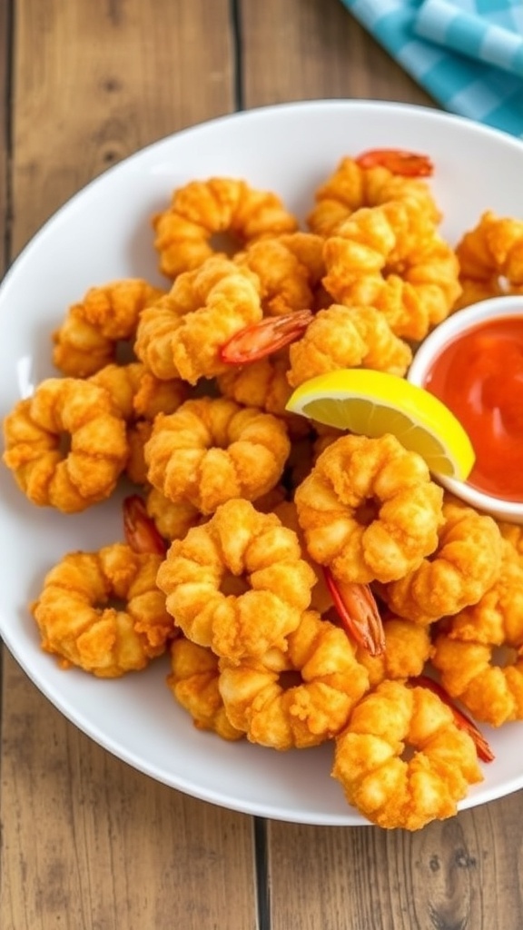 Crispy Air Fryer Frozen Popcorn Shrimp Recipe Crispy air-fried popcorn shrimp served with cocktail sauce and lemon on a rustic wooden table.